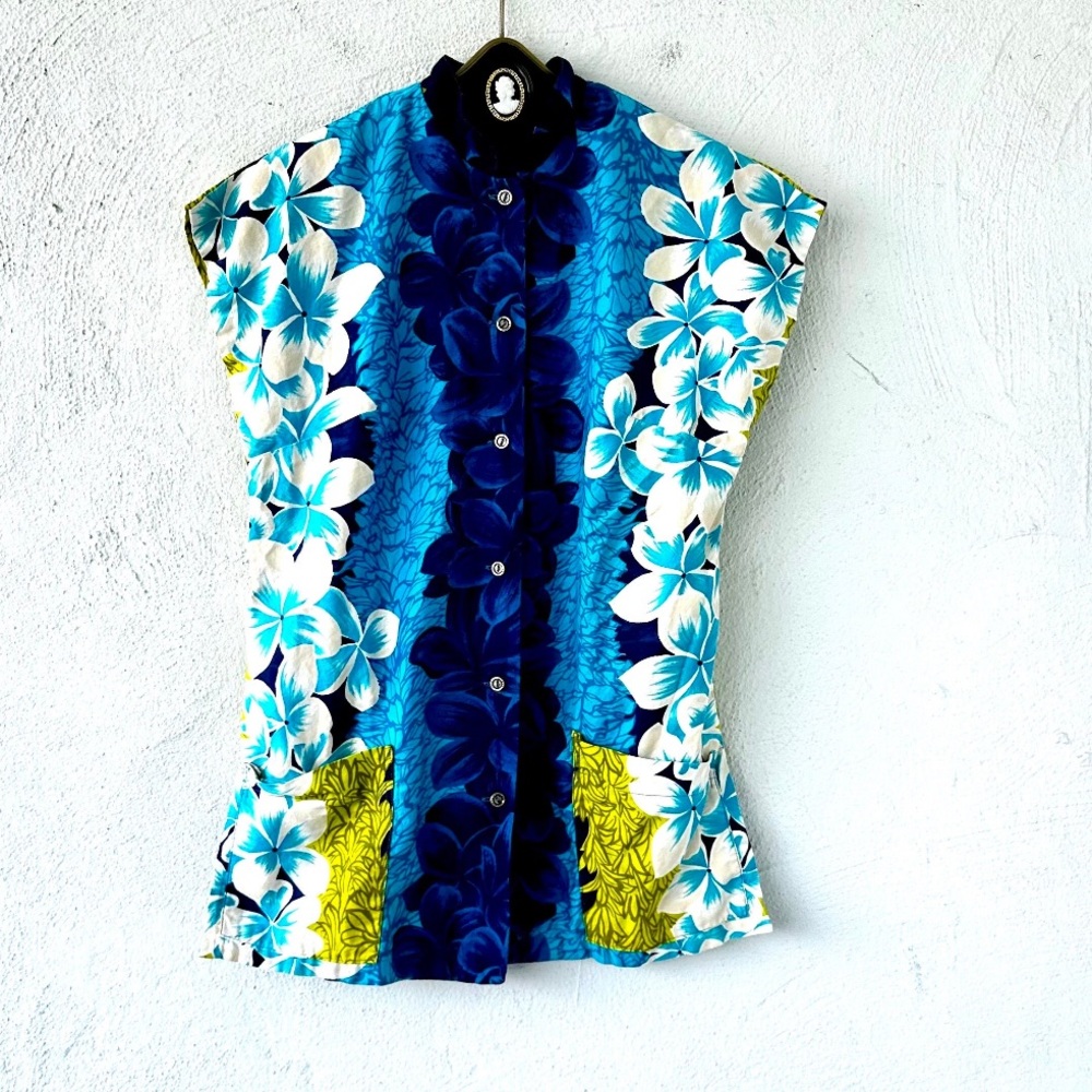 Vintage Hawaiian Aloha Mandarin Collar Tea Timer Tunic Top Blouse